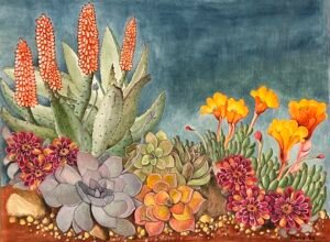 Watercolour succulents with a dark, stormy sky.