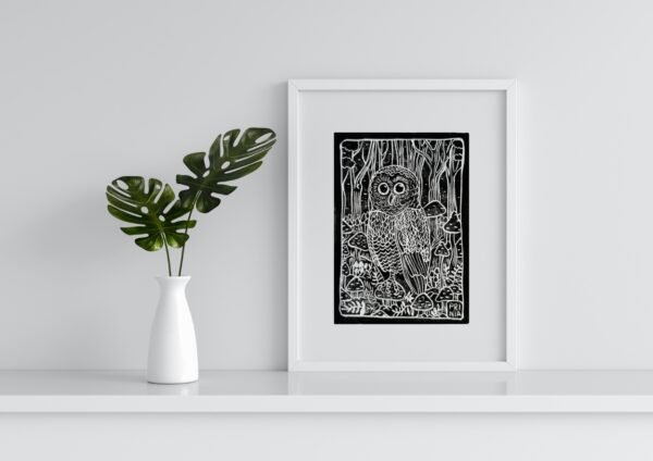 Owl linocut original print - Image 2